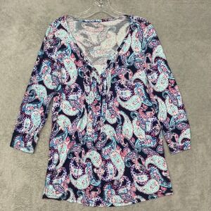 Talbots Shirt womens Medium Blue Pink Paisley Pullover Tee V Neck Rayon Casual